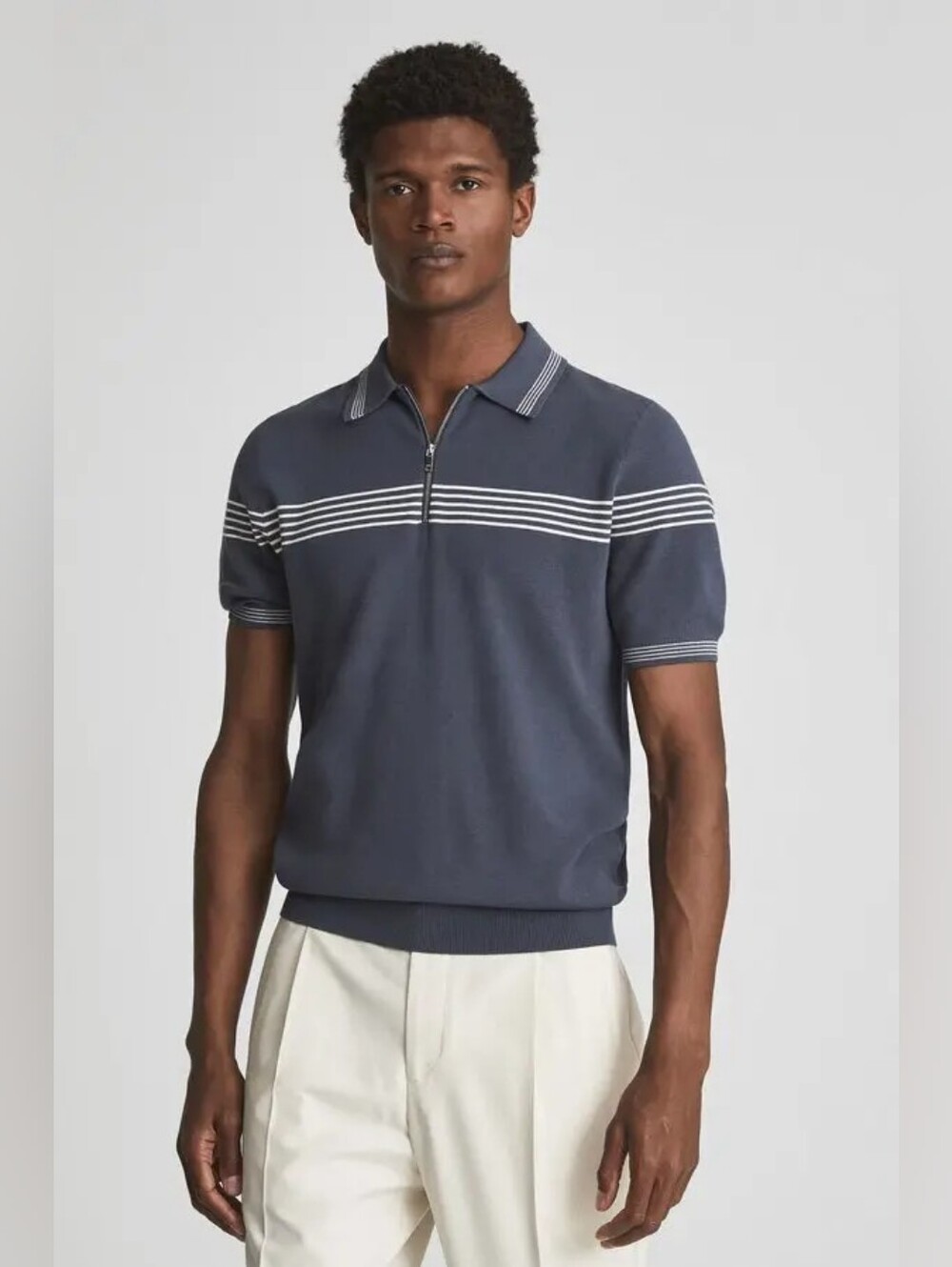 Reiss Blue With White Stripes Short Sleeve Polo/Sweater XL